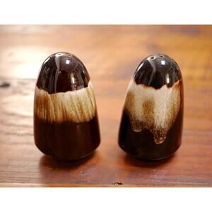 Pair of Vintage Mid Century Brown Lava Drip Glaze Ceramic Salt & Pepper Shakers